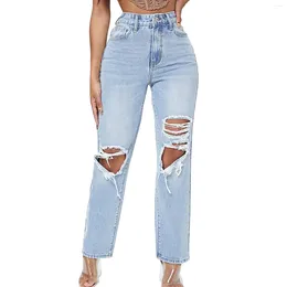 Women's Jeans Ripped Hole Hollow High Waist Wash Light Blue Denim Jean Pants For Women Work Dress Womens