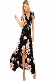 Long FPuseky Loral Maxi Dress Boho Long Dresses Elegant Beach Black Print Short Sleeve V Neck A Line Summer Dress6921119