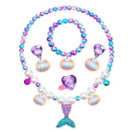 Other Jewellery Sets 5Pcs Kids Set With Card Heart Mermaid Tail Shell Pendant Fake Pearl Beaded Necklace Bracelet Ring Clip Earrings G Dhbhx