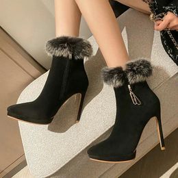 Boots Pointy-toe Platform Sexy Ladies Stilettos Ankle With Real Fur Super Thin High Heels Winter Warm Women Shoes Pumps
