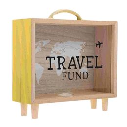 Wooden Money Box Travel Fund Piggy Bank Vacation Shadow Suitcase Treasure Case Counting Jar 240518