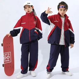 Boys Hip Hop Contrast Coat Girls Jazz Joggers Clothes Set Kids Street Dance Patchwork Jacket Sweatpants Child Costume Streetwear 240517