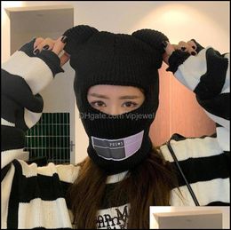 BeanieSkl Caps Hats Hats Scarves Gloves Fashion Accessories Bear Ears Clava Ladies 1 Hole Ski Mask Handmade Crochet Fl Face Wooly9546771