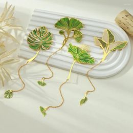 1pc Lotus Leaf Metal Bookmarks Green Gold Colour Vein Shape Book Marks With Tassel Pendant Reading Stationer