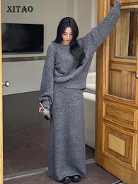 Work Dresses XITAO Casual Fashion Knitting Two Pieces Sets O-neck Top Loose Solid Colour All-match Skirt Autumn Women HQQ1890