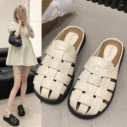 Slippers Shoes Loafers Fretwork Heels Woman's Cover Toe Slides Low 2024 Flat Summer Retro Rome PU Fabric Rubber Hoof