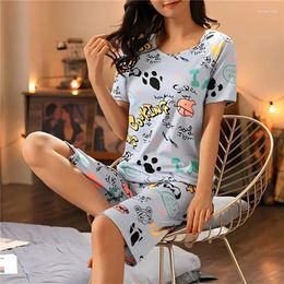 Women's Sleepwear Polyester Sleep Sets Pyjamas Lounge Cartoon Pyjama Fashion Capris Women Home Summer Short-sleeved Plaid