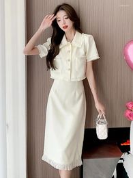 Work Dresses High Quality Summer Small Fragrance Crop Top Blazer Skirt Suits Female Elegant Office Lady Short Jacket Two Piece Sets