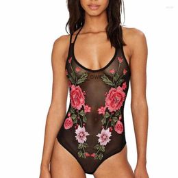 Womens Swimwear See Through Mesh One-piece Suit Rose Embroidered Piece Swimsuit Women Sexy Non-padded Bathing Transparent Black