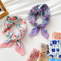 Scarves Women Striped Floral Print Neckerchief Cotton Linen Square Scarf Office Lady Head Neck Hair Tie Band Small Shawls