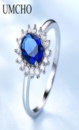 UMCHO Luxury Blue Sapphire Princess Rings for Women Genuine 925 Sterling Silver Romantic Engagement Ring Wedding Jewellery CX2006118078858