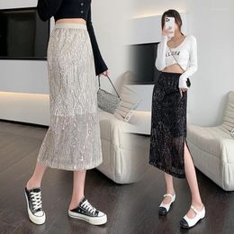 Skirts 2024 Spring Summer Women High Waist Slim Long Skirt Quality Shiny Sequins Split Hem Elegant