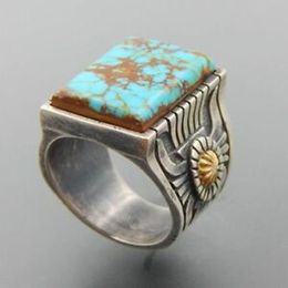 Vintage Square Imitation turquoise finger rings size 6 7 8 9 10 women Men Cocktail party jewelry factory Dropshipping9038086