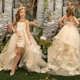 Elegant Champagne Tulle Flower Girl Dresses with Detachable Train Sheer Jewel Neck Girls Pageant Dress BC18885