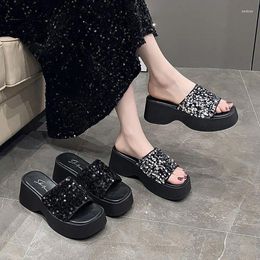 Slippers Shoes Ladies' Low Slipers Women Platform 2024 Summer Bling Slides Scandals Fabric Hoof Heels Rome Rubber PU Slipp