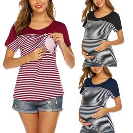 Maternity Tops Tees 2022New summer Pregnancy Clothes Women Maternity Short Sleeve Striped Layer Nursing T-shirt Top For Breastfeeding Y240518