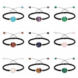 Beaded Men Women Hand-Woven Strands Lucky Chinese Knot Adjustable Rope Bracelets Natural Stone Black Onyx Ball Beads Braid Handmade Dhsfj