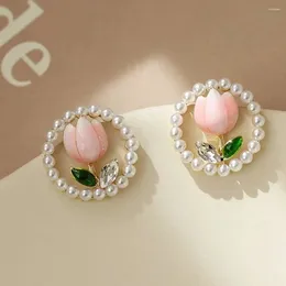 Stud Earrings Pink Flower Imitation Pearl Surround Crystal Stone Earring For Women Green Rhinestone Shape Post Jewelry