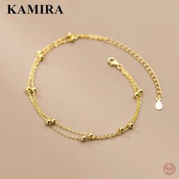 KAMIRA Real 925 Sterling Silver Cuban Minimalism Double Bead Anklet for Women Teen Wedding Charm Luxury Fine Jewelry Accessories 240518