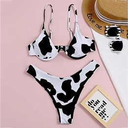 Women's Swimwear Summer Sexy Push Up Bra Bikini Sets 2024 Cow Color-blocking Print High Waist Thongs Briefs Women Two Piece Swimsuit