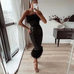 Runway Dresses Sexy Womens Feather Cocktail Dresses Luxury Sequins Ladies Formal Occasion Dresses Fashion Straight Bodycon Robe Princess Femme T240518