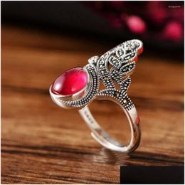 Cluster Rings S925 Sterling Sier Vintage Personality Garnet Inlaid Mark Stone Openwork Pattern Womans Adjustable Ring Drop Delivery J Dhqml