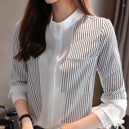 Women's Polos Long Sleeves Women Blouses Shirts Blouse Blusas Mujer De Moda 2024 Black Striped Chiffon Shirt Tops Blusa D43