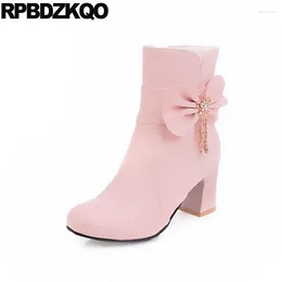 Boots Shoes Bow Chunky Metal Kawaii Big Size Fur Women Ankle Medium Heel 10 Winter Cute Pink High Round Toe Chinese Fashion