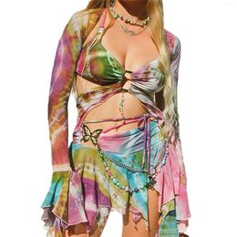 Women's Tracksuits 3 Piece Summer Outfits Sexy Ruffled Lace Up Long Sleeve Shrug Tops Tie Dye Print Vest Irregular Mini Skirt Set Clubwear