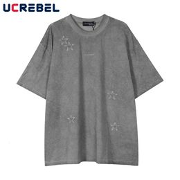 Star Embroidery Short Sleeve Tshirt Mens Washed Distressed Summer Y2k Streetwear Loose Crew Neck Cotton Tee Men 240510