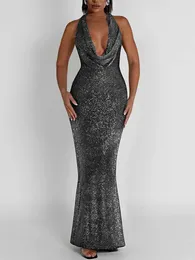 Casual Dresses Black Glitter Formal Long Mermaid For Women Elegant Party Night Halter Ruched V-neck Backless Evening Prom Maxi Dress