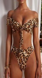 Womens Off Shoulder Bikini Set Leopard Swimsuit Tie Knot Front Swimsuits High Cut Bathing Suits High Leg Swimwear1981681