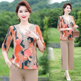 Women's Two Piece Pants Women Suits Stylish Comfortable 2pcs/set Printing V Neck For Middle-aged Casual With Minimalistic Charm Elderly Suit