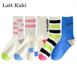 Women Socks 5 Pairs Per Lot For Novelty Trends Mixed-Color Striped Breathable Spring Korean Style Letter Crew