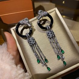 Fashion Designer Luxury Style Women Lady Setting Full Czech Zircon Green Eyes Leopard Black Circle Tassels Drop Earrings