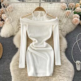 Casual Dresses Black White Hanging Neck Fall Short Dress Women's Sexy One Shoulder Long Sleeve Fashion Diamond Slim Bottom