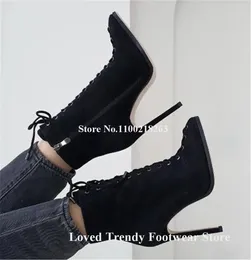 Boots Women Elegant Black Suede Stiletto Heel Short Round Toe Lace-up Thin Ankle Booties Party Dress Heels