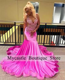 Party Dresses Luxury Pink Rhinestones Mermaid Prom Dress 2024 For Black Girl Elegant Long Beaded Crystals Birthday Gowns