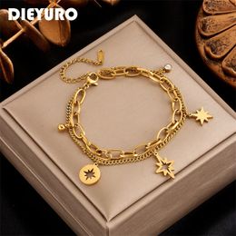 DIEYURO 316L Stainless Steel 2layer Hollow Out Stars Bracelet For Women Vintage Girls Charm Wrist Jewellery Party Birthday Gifts 240515