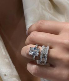 Ins Top Sell Luxury Jewelry Real 100 925 Sterling Silver Couple Rings Princess Cut White Topaz CZ Diamond Women Wedding Engagemen2326434