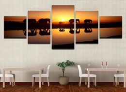 Canvas Poster Home Decor Living Room Wall Art Prints 5 Piece Elephants Sunset Landscape Paintings Animal Lake Pictures Framework5638811