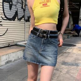 Skirts Women Skirt High Waisted Retro Spicy Girl Short A-line Versatile Anti Glare Buttocks Wrapped Denim Half No Belt