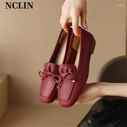 Casual Shoes 2024 Spring Women Cow Leather Low Heels Bow Square Toe Chunky Heel Pumps Flat For Zapatos De Mujer