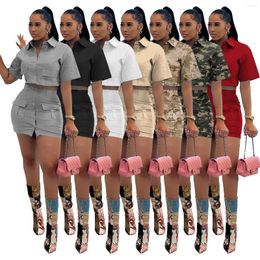 Work Dresses Summer 2 Piece Cargo Skirt Sets Women Short Sleeve Single Breasted Sexy Crop Top And Button Up Mini Y2k Streetwear