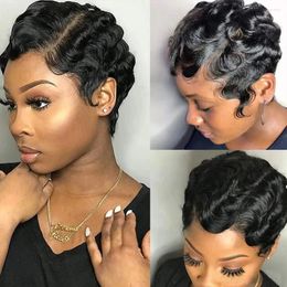 Pixie Cut Finger Wave Glueless Bob Wigs For Black Women Human Hair Ocean Short Wig 13X1 Lace Front