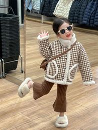 Jackets Girls Coat Top Childrens Clothing 2024 Winter Korean Style Cotton-padded Small Fragrance Wind Standing Collar Cheque