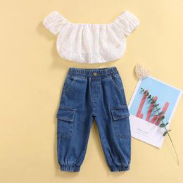 Clothing Sets Infant Baby Girls Summer Clothes Suit Toddler Casual Outfits Off Shoulder Hollow Short Sleeve Crop Tops Jeans With Pockets