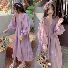 Maternity Dresses 2024 Spring/Summer Japanese Style Fairy Purple Pregnant Dress High Waist Bowless Doll Dress Pregnant Dress H240518
