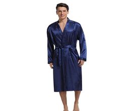 Navy Blue Men Kimono Nightwear Satin Robe Sleepwear Room Home Clothes Bathrobe Long Sleeve Soft Silky Pyjamas Gown1818371