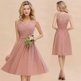 Runway Dresses Dusty Rose Chiffon Lace Bridesmaid Dresses Pleat V Neck Short Formal Wedding Evening Party Prom Gown For Bride Cocktail Vestidos T240518